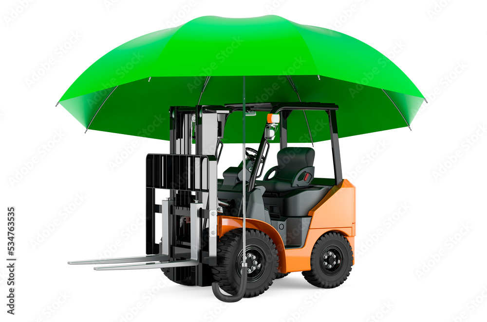 Forklift truck under umbrella. 3D rendering