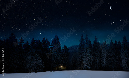 Blockhütte mit einem Weihanchtsbaum in einer Winternacht