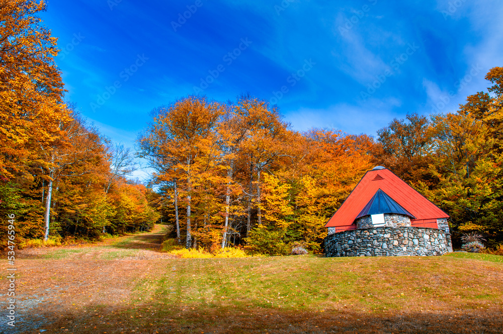 Red Chapel in New England. Foliage season Red Chapel in New England. Foliage season