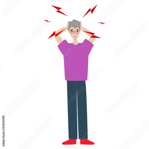 Asian Senior man having headache and migraines. Symptoms of a viral disease. Respiratory Illness, Virus Prevention. Isolated. Vector illustration.