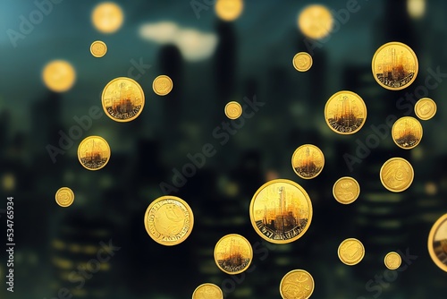 anime style, Coins stack with city in background Savings Finance and Banking Concept , Anime style no watermark