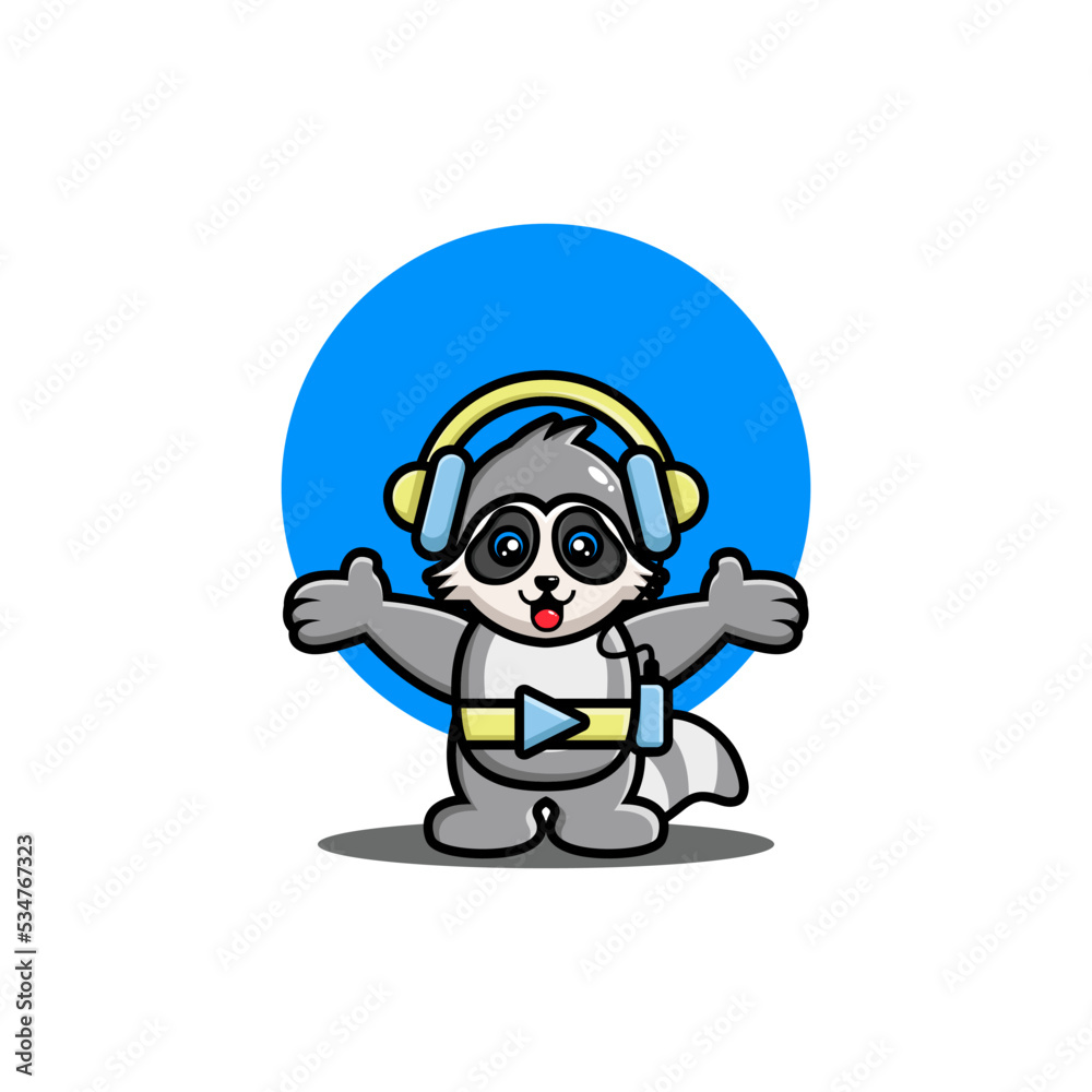  Cute raccoon listening music with headphone cartoon vector illustration