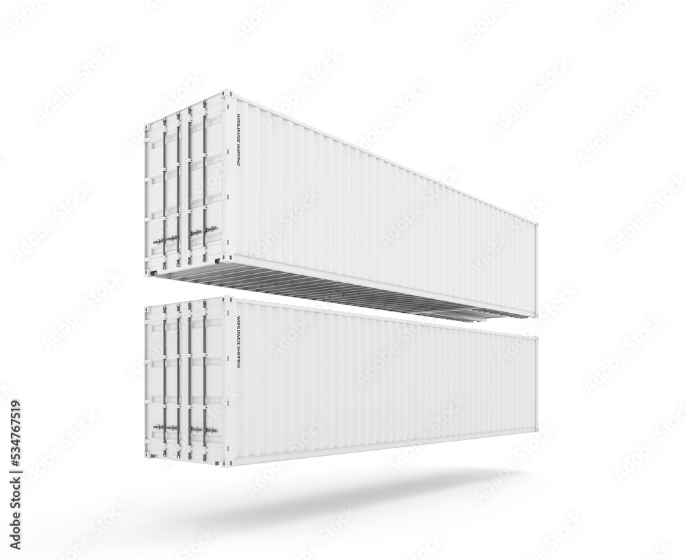 Two white freight containers floating in air, on white Two white freight containers floating in air, on white