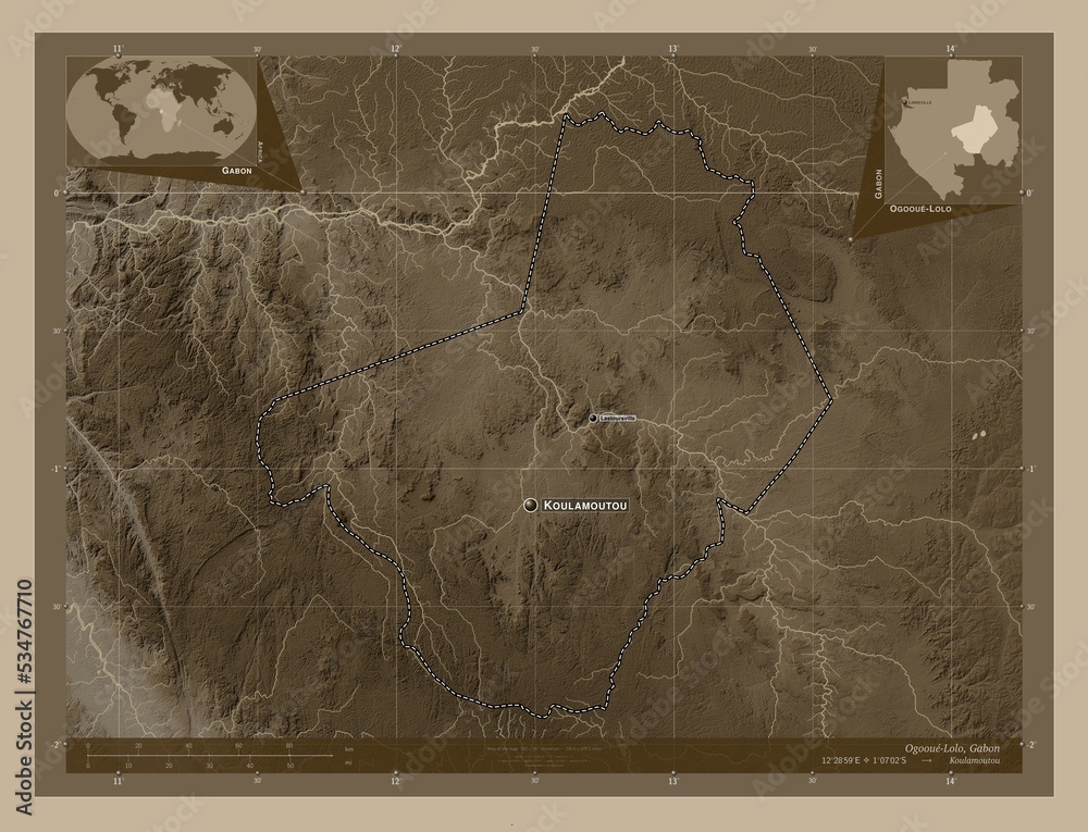 Obraz premium Ogooue-Lolo, Gabon. Sepia. Labelled points of cities