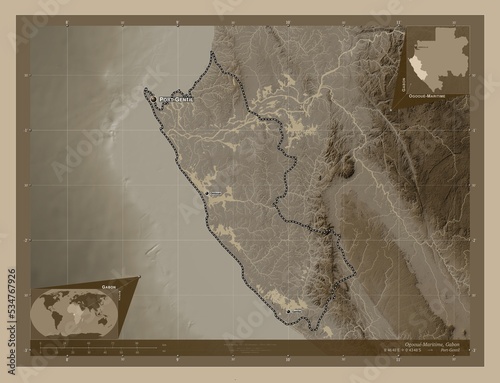 Ogooue-Maritime, Gabon. Sepia. Labelled points of cities