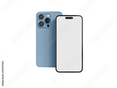 iPhone 14 pro max mockup with white screen. 2 smartphones in front side. 3D rendered Illustration.