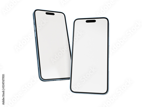iPhone 14 pro max mockup with white screen. 2 smartphones in front side. 3D rendered Illustration.