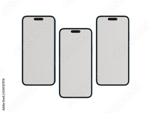 iPhone 14 pro max mockup with white screen. 3 smartphones in front side. 3D rendered Illustration.