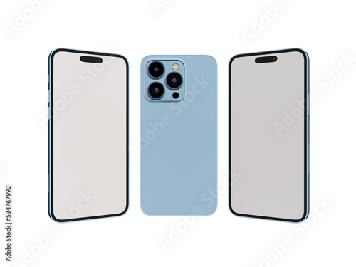 iPhone 14 pro max mockup with white screen. 3 smartphones in front and back side. 3D rendered Illustration.