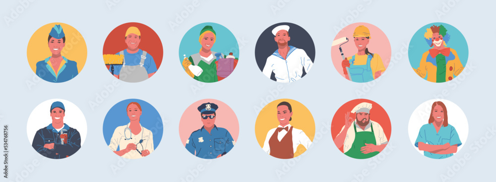 Set of portraits of people of different professions in round icons. Faces of male and female characters for social networks and web profiles. Cartoon vector illustration, isolated Set of portraits of people of different professions in round icons. Faces of male and female characters for social networks and web profiles. Cartoon vector illustration, isolated
