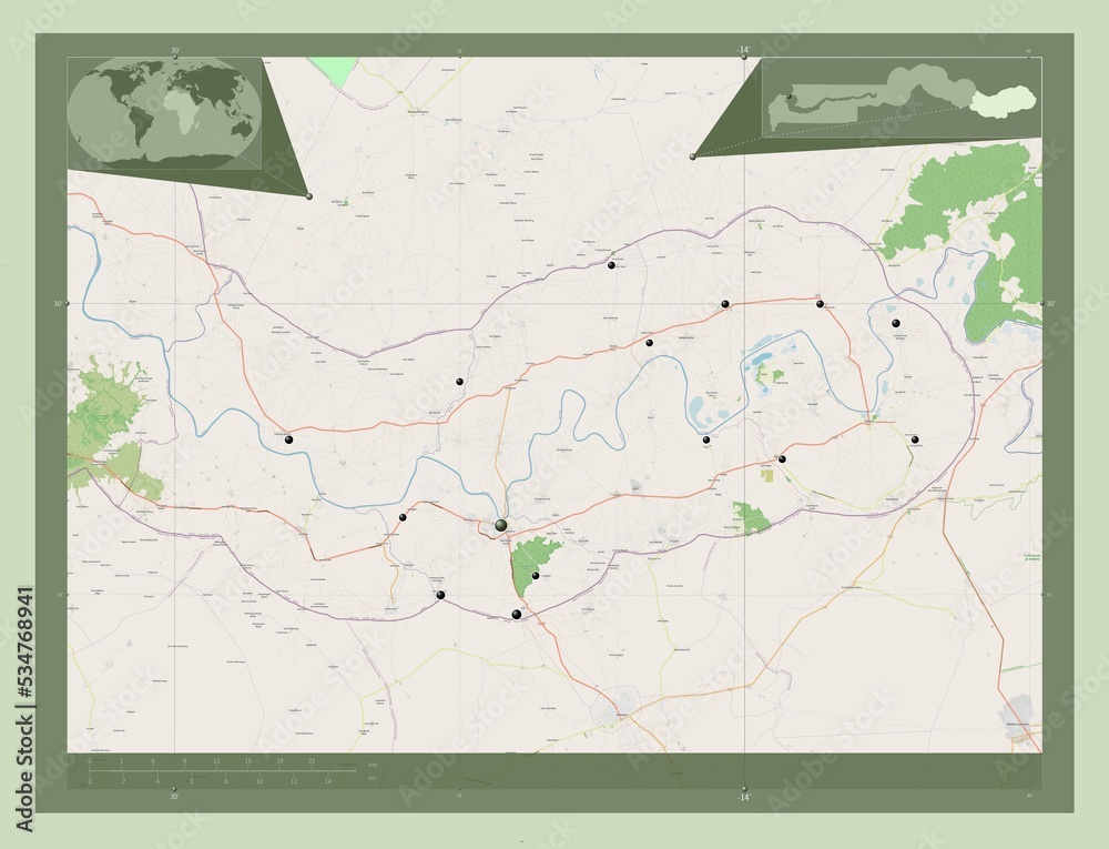 Fototapeta premium Upper River, Gambia. OSM. Major cities