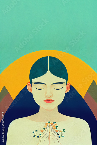 Hand-drawn digital illustration of a woman doing yoga meditation, a calm healing atmosphere, can be used for banner backgrounds, or healthy sports marketing campaign.