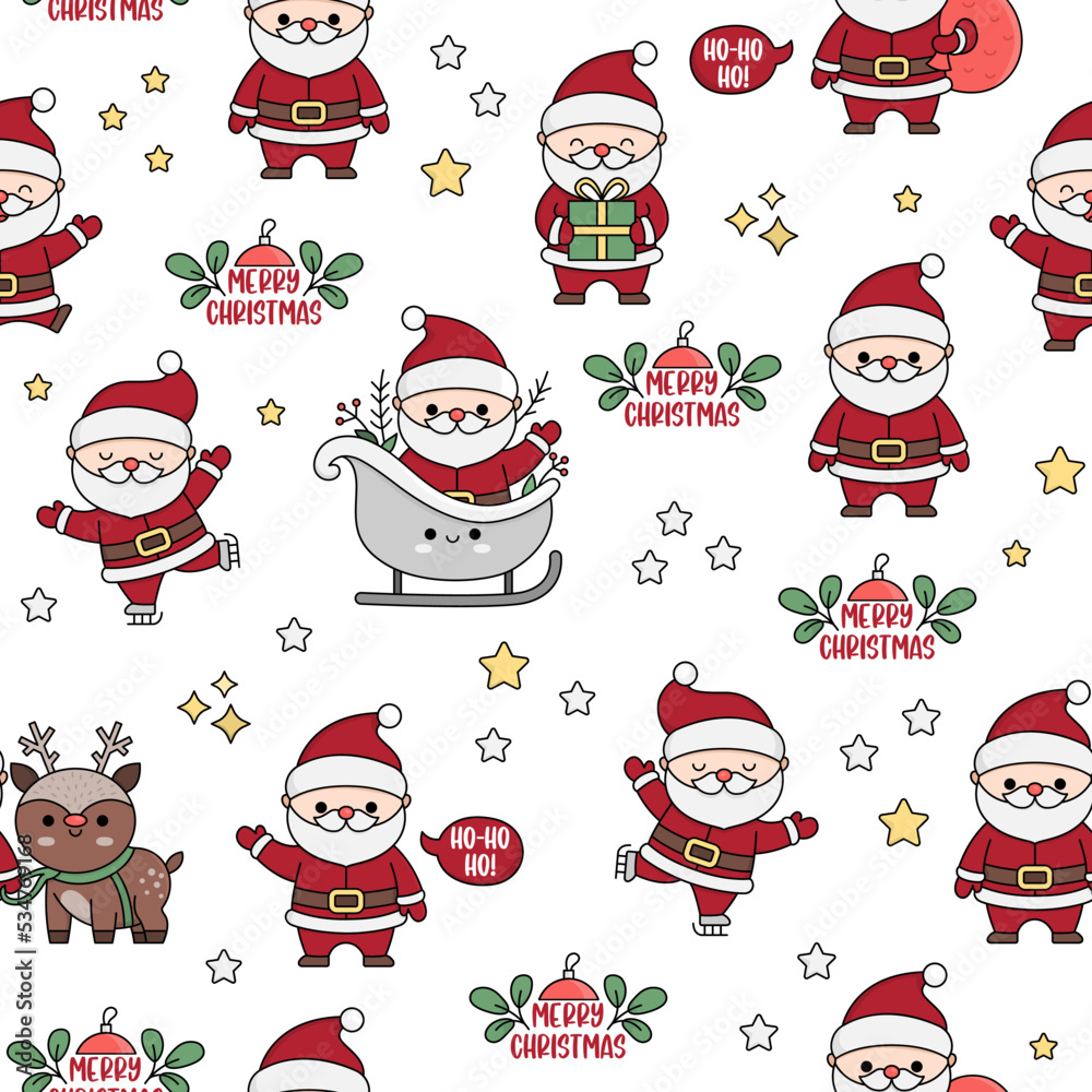Vector seamless pattern with kawaii Santa Claus. Cute repeat background with Santas, present, sack, sleigh. Father Frost digital paper. Christmas, winter, New Year holiday wallpapers.