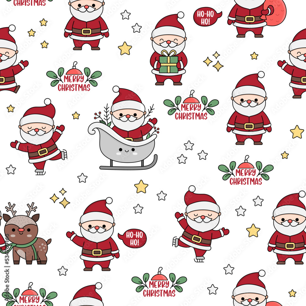 Vector seamless pattern with kawaii Santa Claus. Cute repeat background with Santas, present, sack, sleigh. Father Frost digital paper. Christmas, winter, New Year holiday wallpapers. Vector seamless pattern with kawaii Santa Claus. Cute repeat background with Santas, present, sack, sleigh. Father Frost digital paper. Christmas, winter, New Year holiday wallpapers.