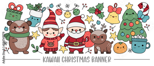 Christmas horizontal banner with cute kawaii characters for kids. Vector Santa Claus standing with deer, elf, bear, tree, present. Cute New Year illustration. Funny winter holiday party set for kids.