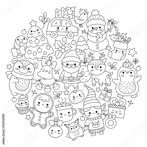 Vector Christmas round line coloring page for kids with cute kawaii characters. Black and white winter or New Year holiday illustration with funny Santa Claus, deer, elf, bear, tree framed in circle.