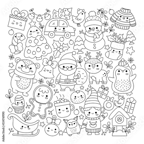 Vector Christmas square line coloring page for kids with cute kawaii characters. Black and white winter or New Year holiday illustration with funny Santa Claus, deer, elf, bear, tree.
