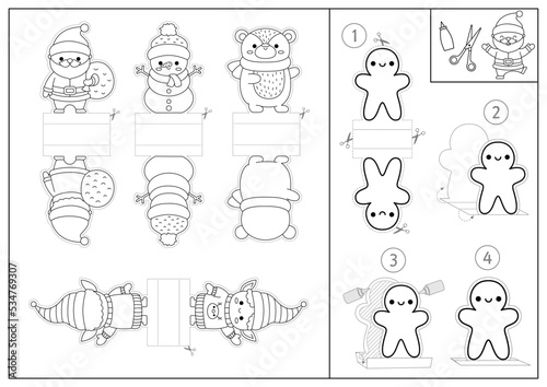 Vector black and white Christmas paper dolls set. Cute line finger puppets or chips with Santa Claus, snowman, elf, bear for kids. Winter holiday cut out craft cards. New Year coloring page.