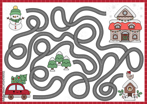 Christmas maze for kids. Winter holiday preschool printable activity with cute kawaii car with tree, decorated house. New Year labyrinth game or puzzle with cute characters.
