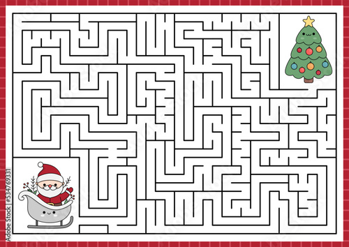 Christmas maze for kids. Winter holiday preschool printable activity with cute kawaii Santa Claus on sleigh going to decorated tree. New Year labyrinth game or puzzle with cute characters.