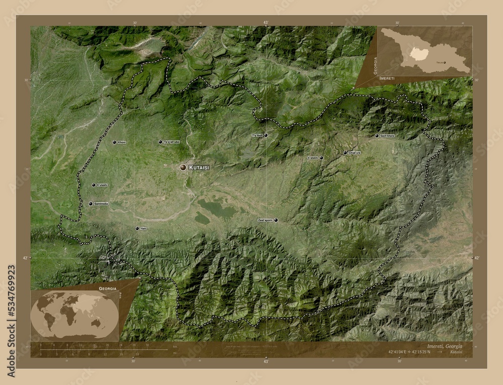 Imereti, Georgia. Low-res satellite. Labelled points of cities