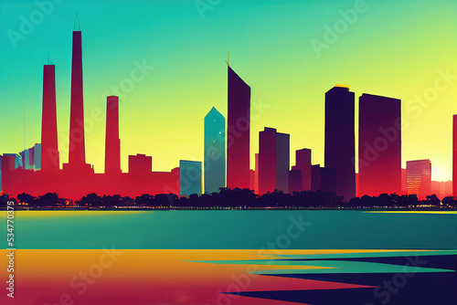 Cartoon style ColomboSri Lanka December 0 ; View of the Colombo city skyline with modern architecture buildings including the lotus towers BOC world trade center shangri la , Anime style no waterma photo