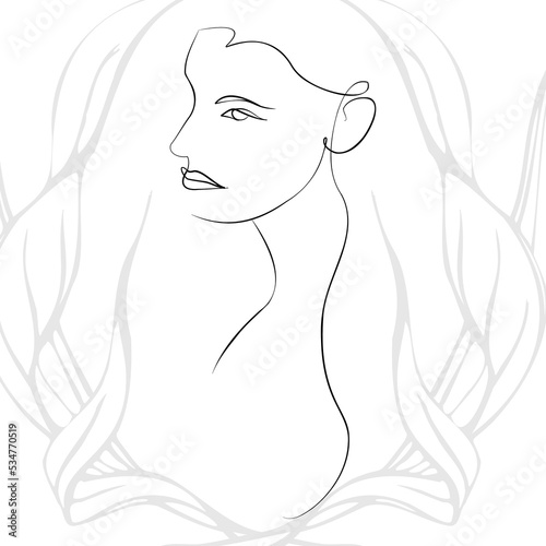 One continuous line hand drawn vector art with beautiful woman face in elegant curve. Black isolated on white background. Modern simplistic design for fashion, wall art, print, tattoo, cover, card.