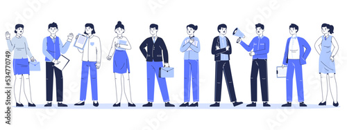 Business people, office workers, successful employee team. Managers wearing business suits, office colleagues in formal clothing flat vector illustration set. Linear business characters