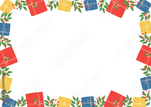 Colorful gift boxes and twigs frame. Template for winter holidays design. Isolated vector illustration 