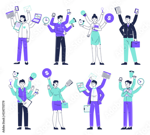 Multitasking office workers, productive business characters. Professional multitasking employees doing many things simultaneously flat vector illustration set. Juggle business people