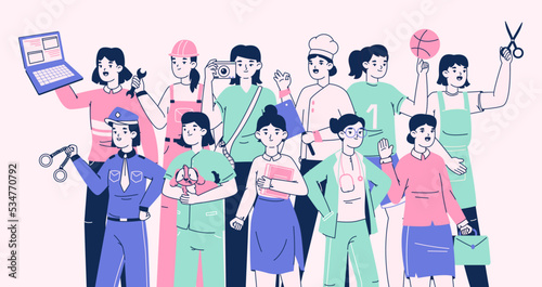 Professional female workers, businesswoman, doctor and police officer. Woman with different occupation, successful IT engineer and chef flat vector illustration. Occupations female equality