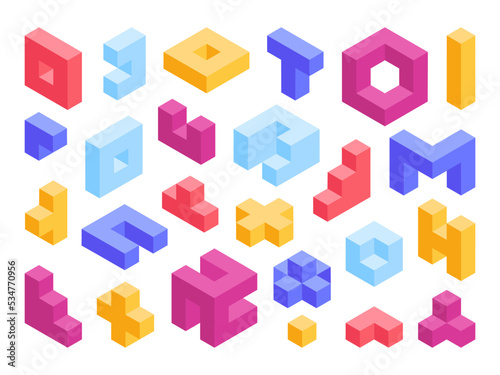 Isometric puzzle game blocks, 3d geometric shapes. Colorful logic game blocks, isometric constructor cube elements vector illustration collection. Mosaic 3d cubes collection