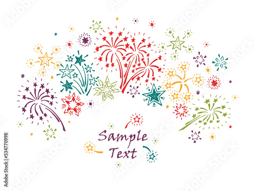 Hand drawn doodle Fireworks and Stars. Holiday card template - vector illustration.