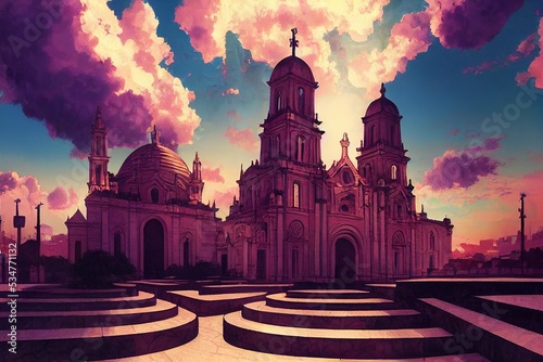 anime style, Exterior Metropolitan Cathedral in Mexico City Latin America , Anime style no watermark