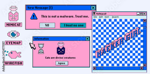 Collage of retro user interface and icons in pastel pink colors. Vaporwave style illustration for the programming and DevOps subjects.