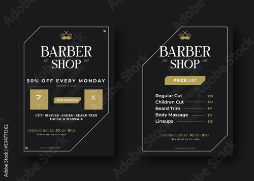 barber shop flyer poster layout. editable promotion advertising banner or our services price list and special offer 
