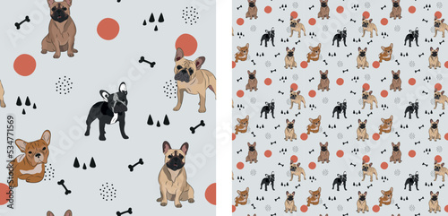 Seamless dog pattern, cute. Square format texture, t-shirt, poster, packaging, textile, socks, textile, fabric, decoration, wrapping paper. Trendy hand-drawn French bulldog dogs. Gift box pattern.