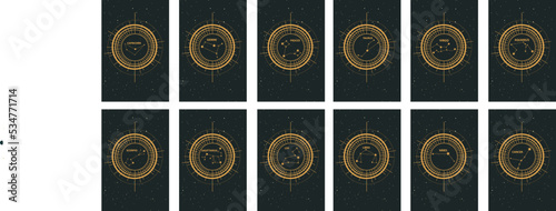 Vector template of constellations of zodiac signs for astrological, esoteric, magical sessions, magical personality research cards. Mystical tarot cards. A set of zodiac signs Aries, Taurus, Leo, Gemi