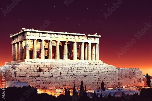 anime style, Night view of Acropolis Athens Greece Europe Old Acropolis is top city landmark World Heritage Nice landscape of Acropolis hill with Parthenon temple scenery of Ancient Greek ruins at nig
