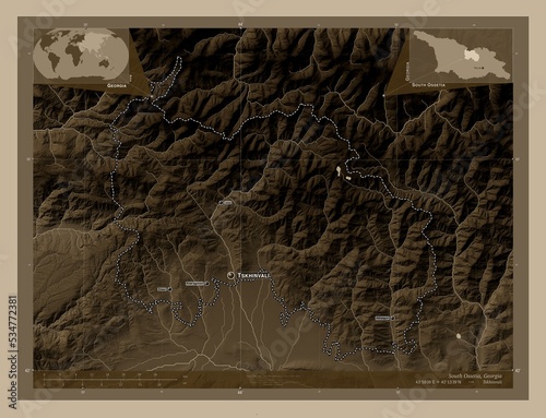 South Ossetia, Georgia. Sepia. Labelled points of cities photo