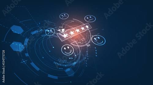 Customer review feedback services evaluation concept. Busses pressing face emotion on blue color technology background.