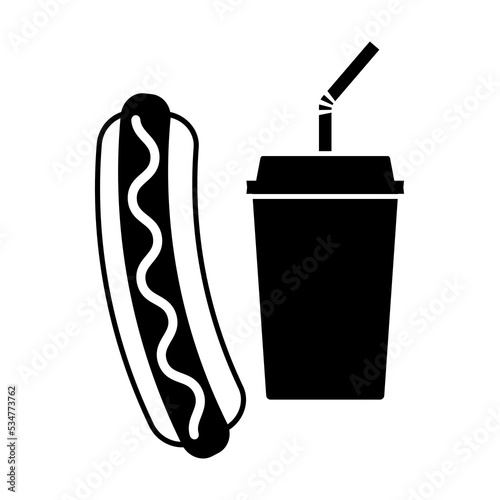 Hot dog and drink icon. Steamed or grilled sausage in elongated bun and disposable cup with beverage. Vector Illustration