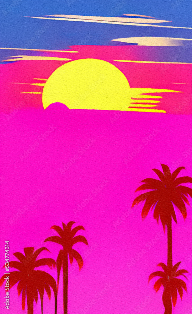 Naklejka premium Flat illustration of magic sunset, sea horizont. Bright pink synthwave colors in 80-s style. Retro concept landscape. Design backdrop background for creative creation. Poster, print, canvas. Wall art