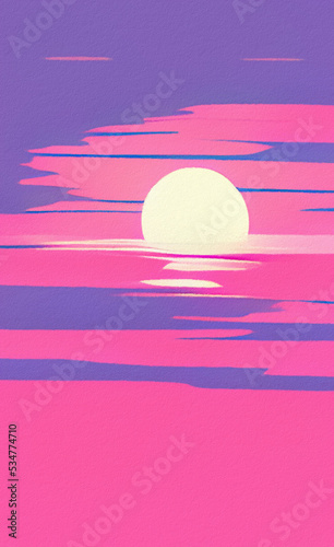 Flat illustration of magic sunset  sea horizont. Bright pink synthwave colors in 80-s style. Retro concept landscape. Design backdrop background for creative creation. Poster  print  canvas. Wall art