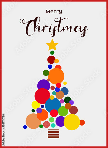 Merry Christmas. Postcard with an inscription and a Christmas tree made of colorful balls. Vector illustration.