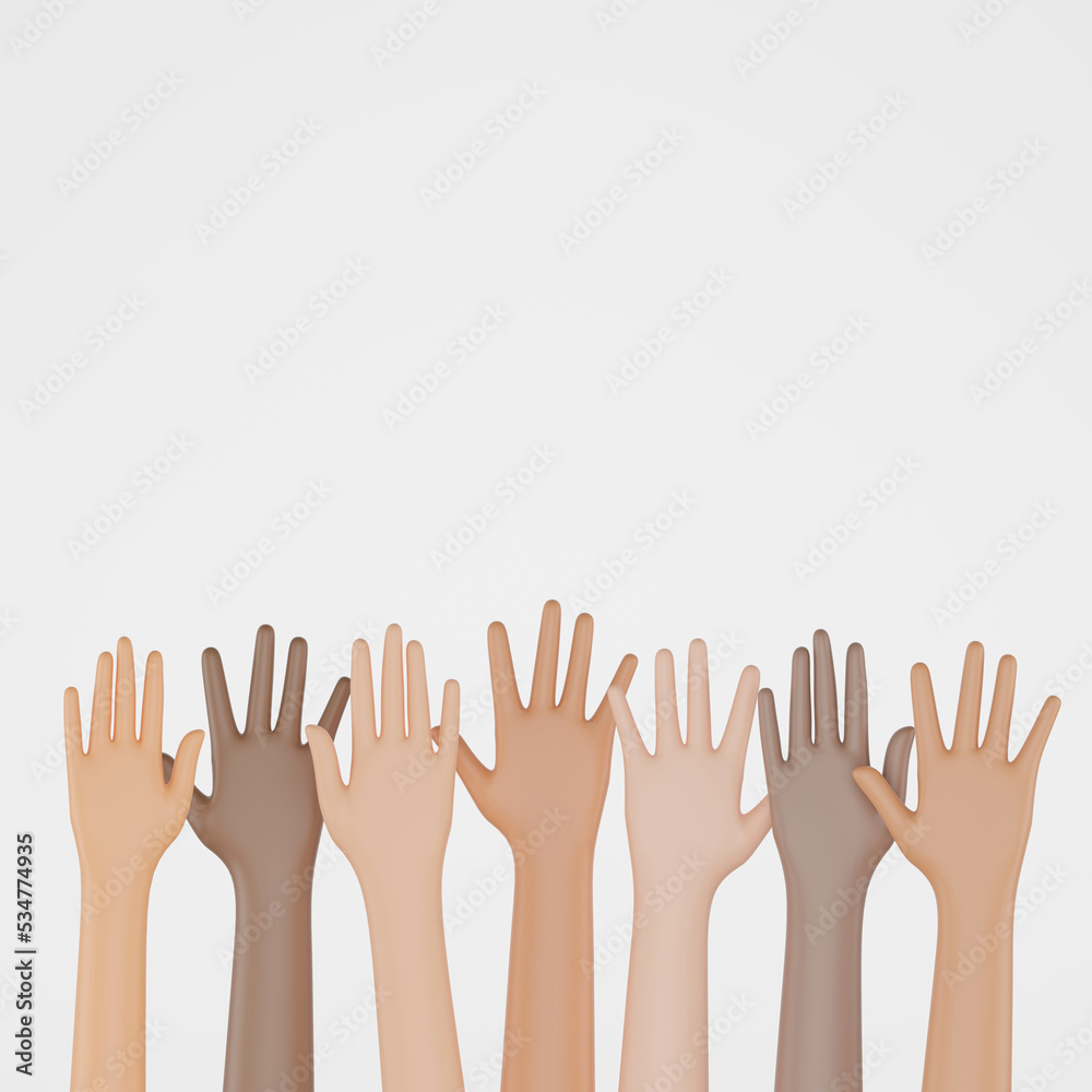 3D render of people of different nationalities raising hands in the air, Hands up. Concept of Social diversity for global equality and peace with colorful people hands.