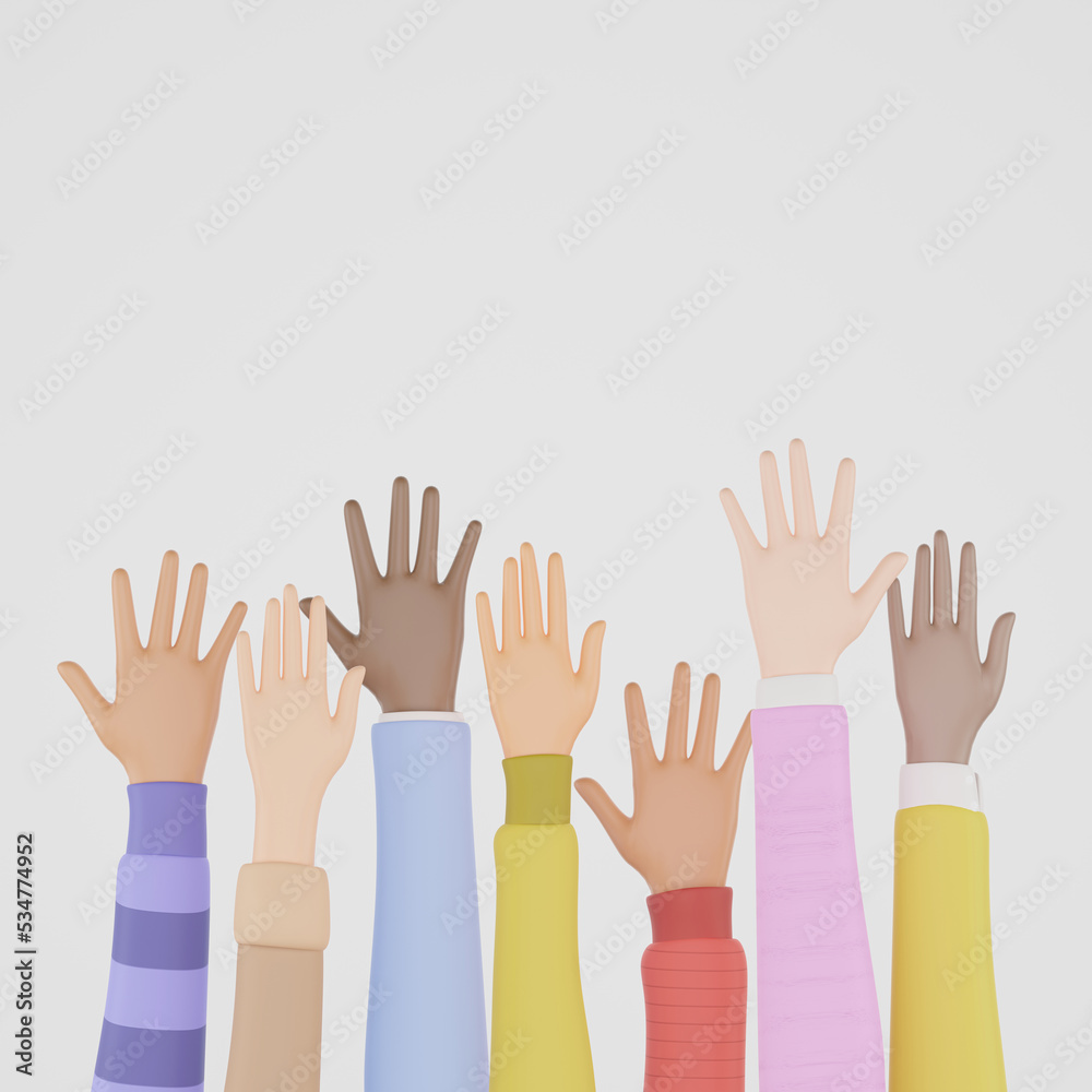 3D render of people of different nationalities raising hands in the air, Hands up. Concept of Social diversity for global equality and peace with colorful people hands.