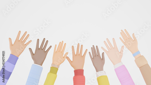 3D render of people of different nationalities raising hands in the air, Hands up. Concept of Social diversity for global equality and peace with colorful people hands.