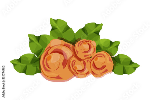 Bouquet of flowers with leaves, garland composition in cartoon style, elegant peony or roses isolated on white background