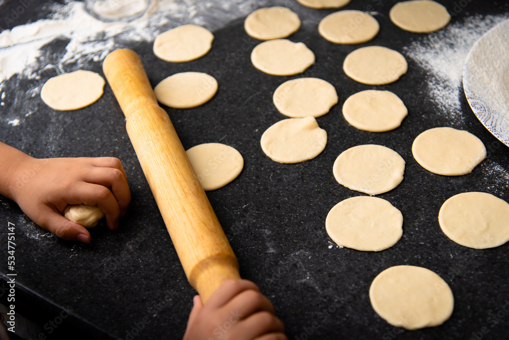 Naklejka premium Rolled dough. Top view. Home made.